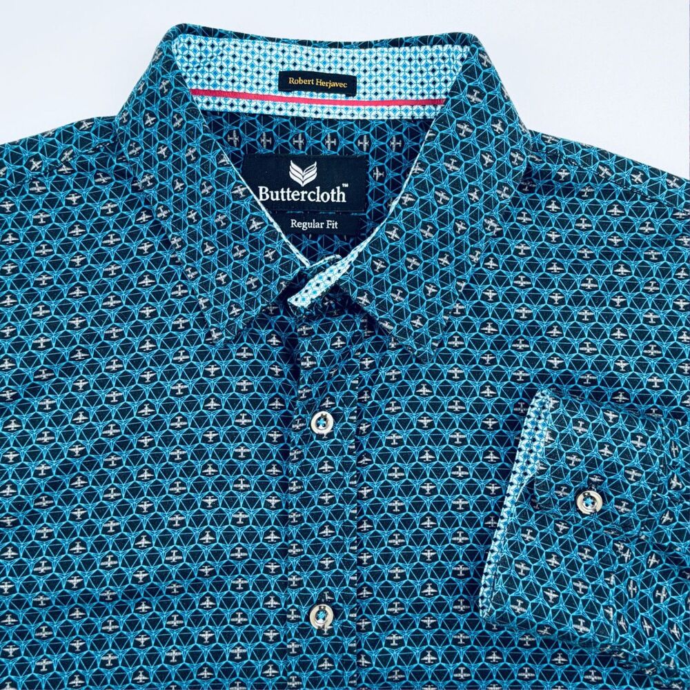 Buttercloth Blue Geometric Airplane Print Shirt XL